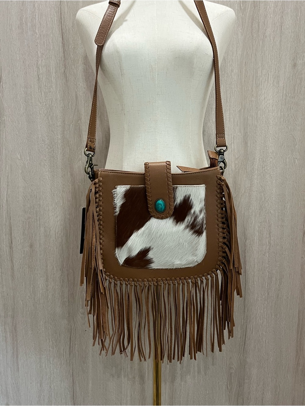 NWT Myra Bag Cowhide Fringe Crossbody Western Boho Turquoise Leather